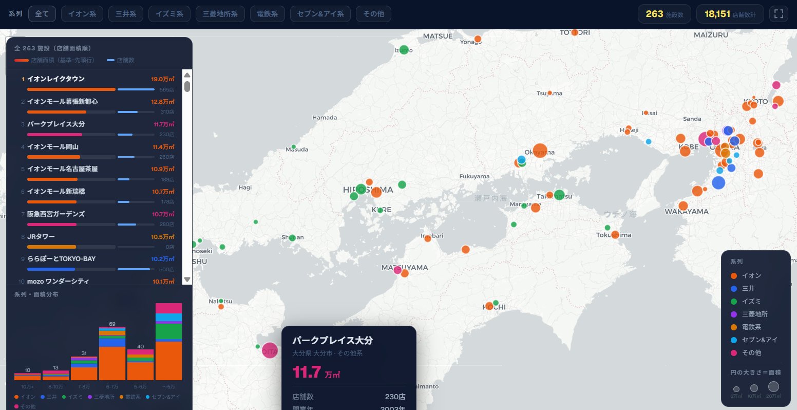 全国大規模SCマップ関西ビュー。パークプレイス大分(11.7万㎡)のポップアップ。関西・中国・四国に各系列が混在